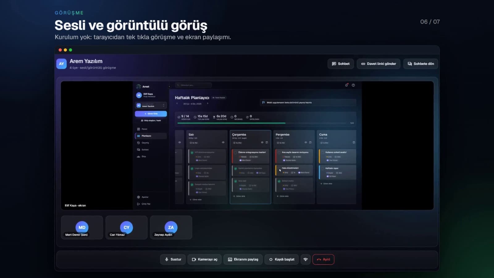 Calls: voice and video calls with screen sharing, right in the browser