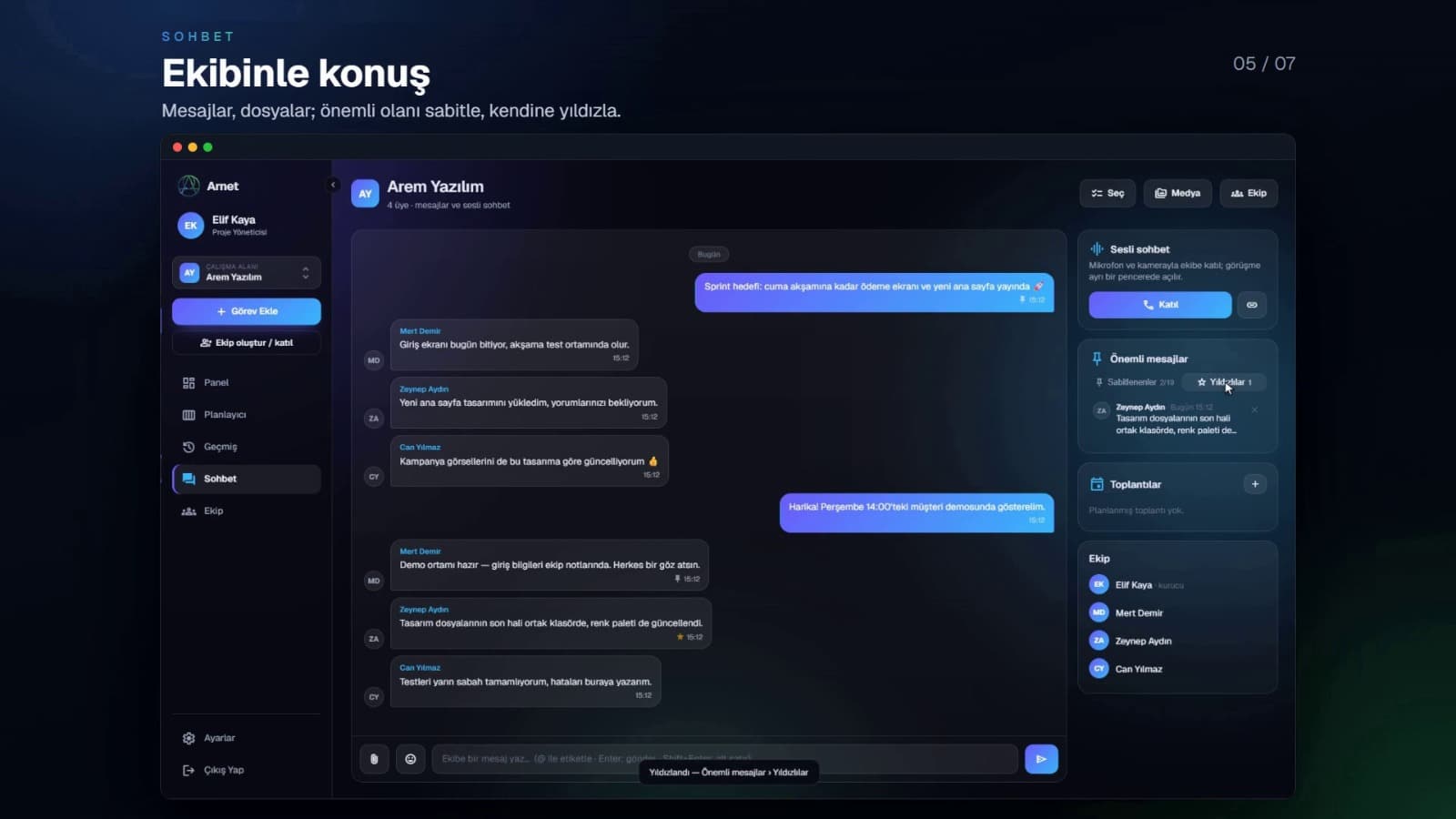 Chat: messages and files; pin what matters, star it for yourself