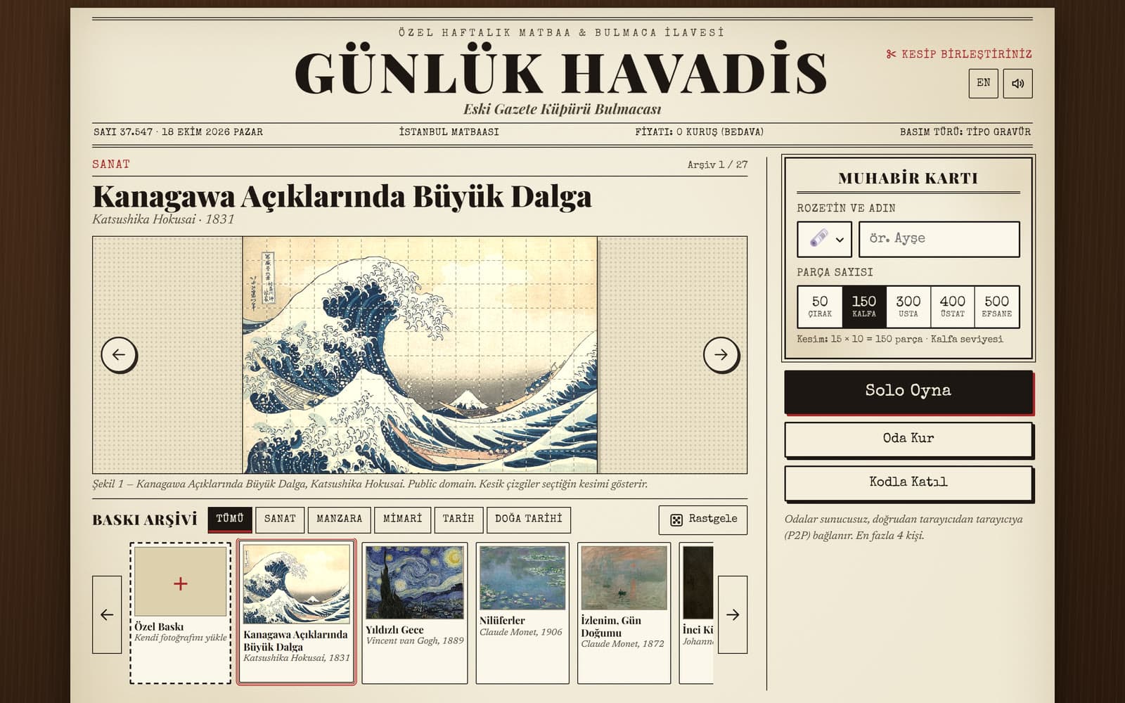 Manşet: baskını seç, parça sayısını belirle, tek başına ya da odayla oyna