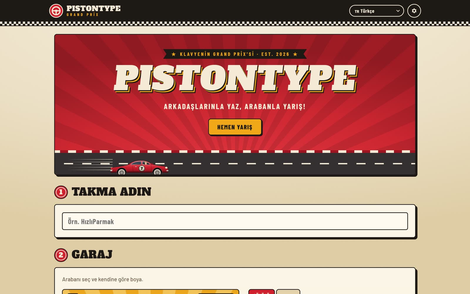 Home: pick a nickname and jump straight into a race